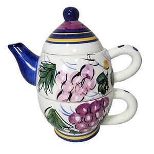 NEW Bella Casa by Ganz Nesting Ceramic Teapot & Teacup Serving Set, Grape Design